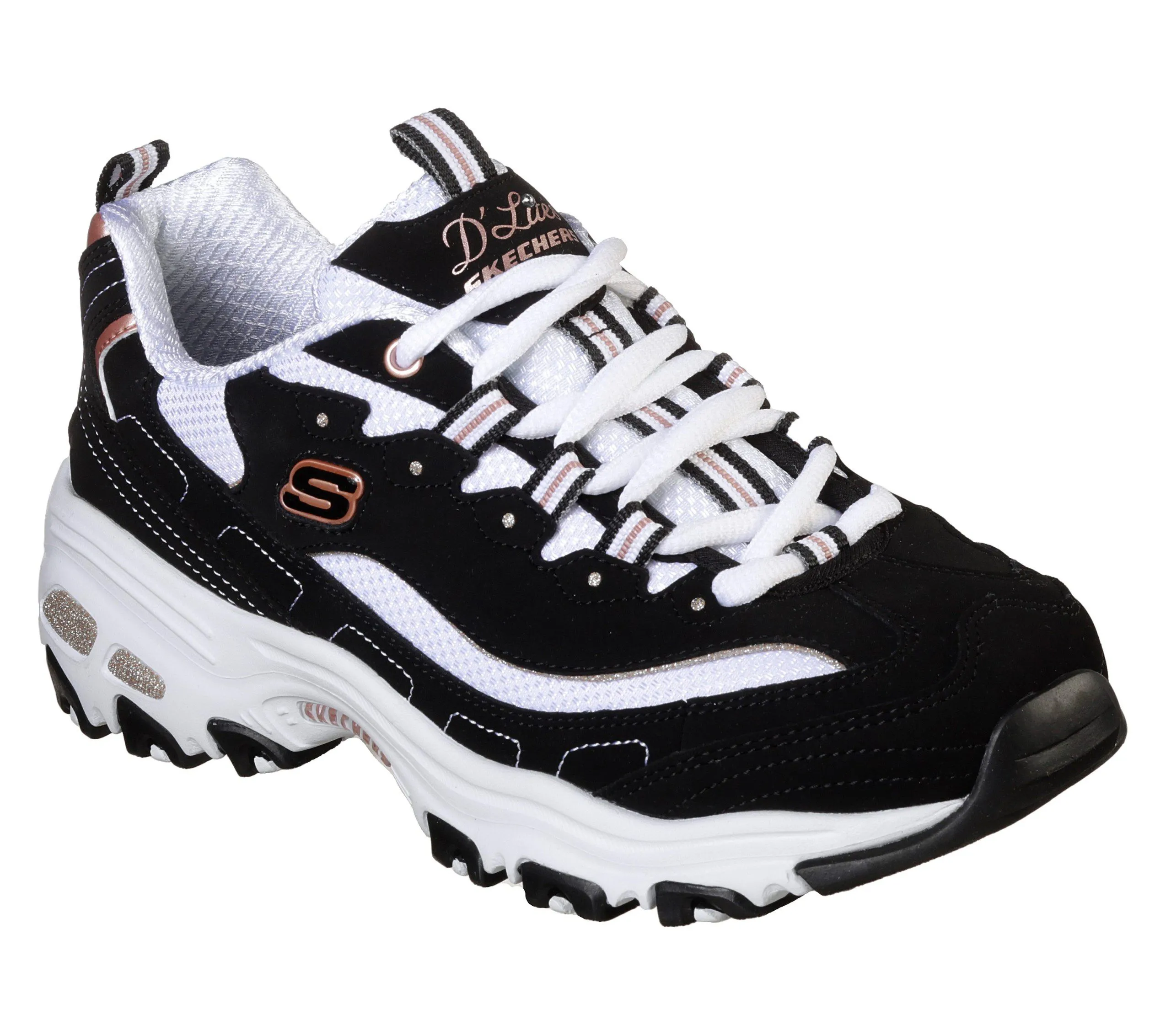 SKECHERS D’LITES – DEVOTED FAN – ZWART / ROOS GOUD (13154BKRG)